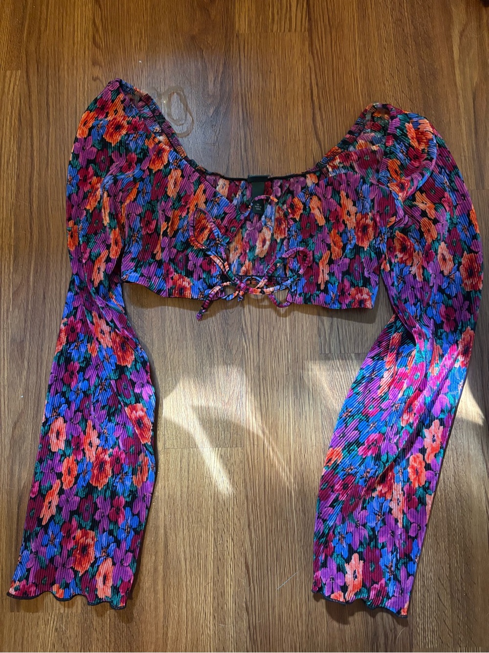 Floral Smocked Long-Sleeve Crop Top in Multicolor